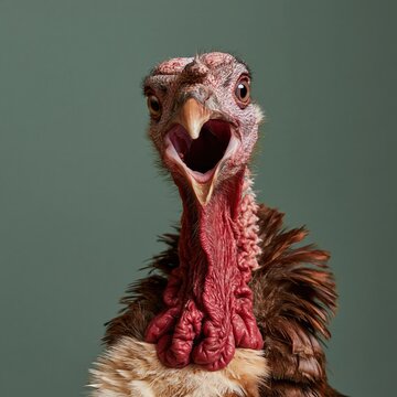 Turkey with an open beak and wide eyes, featuring textured red caruncles and ruffled feathers for humorous seasonal reaction layouts