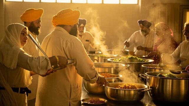 Community volunteers preparing hot meals in large pots during a cultural festival