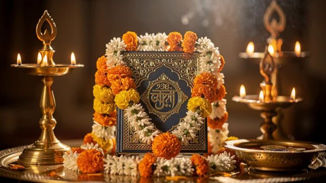 Decorated Sacred Scripture Book With Lit Oil Lamps And Marigold Garland For Worship Celebration