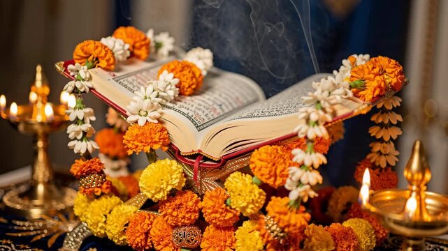 Sacred holy scripture book decorated with marigold flowers and burning oil lamps during religious celebration
