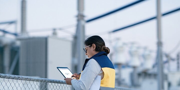 Woman using a tablet at an industrial electrical substation, tired expression under a lavender dusk sky for energy and infrastructure reporting