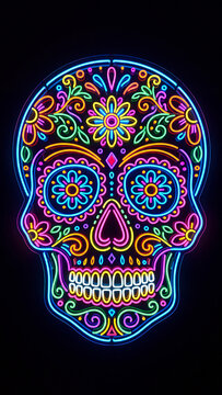 glowing neon calavera sugar skull as day of the dead or dia de los muertos vertical wallpaper