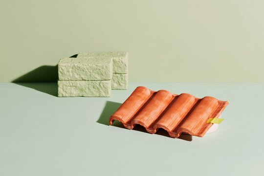 Terracotta clay roof tile with a small yellow tab on a sage green surface, featuring a matte texture and sharp shadows