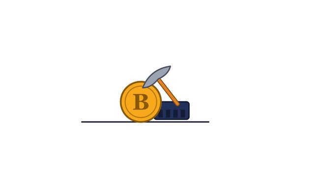 Gold cryptocurrency coin and pickaxe icon for digital mining