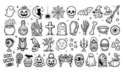 Obraz premium Spooky Cute Halloween Hand Drawn Doodle Icon Collection Black White Vector