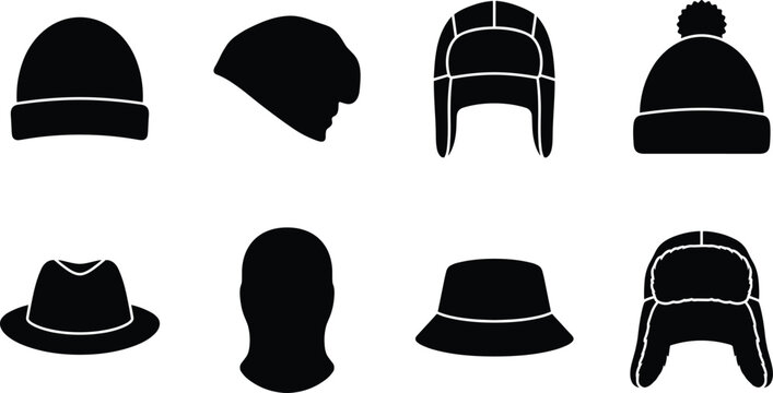 Winter Hat Silhouette Vector Collection Featuring Beanies, Trapper Hats, Fedora, and Bucket Styles