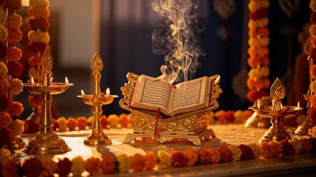 Open sacred scripture book on ornate golden stand with glowing oil lamps and marigold flower garlands during religious festival celebration