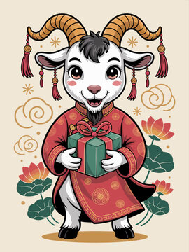 Cute Year of the Goat pixel goat traditional dress gift lotus