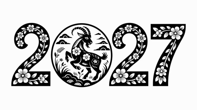 2027 Year of the Goat floral lace digits paper-cut monochrome