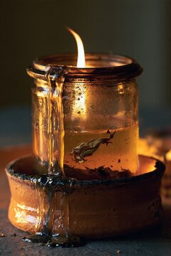 Soot-filmed glass jar with dripping wax on terracotta clay, featuring a tactile and warm glow for an ofrenda and memorial background