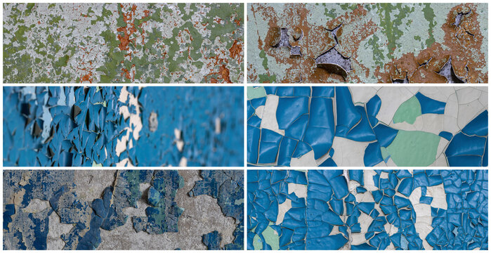 Set of peeling paint textures. Old concrete walls with cracked flaking paint. Weathered rough painted surfaces with patterns of cracks and peeling. Collection of panoramic backgrounds for design.