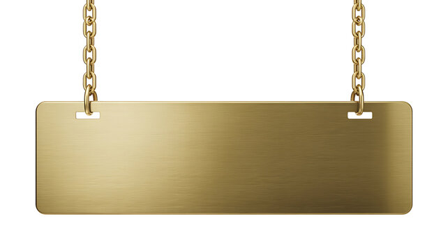 Brushed brass rectangular sign hanging from gold chains on white background, des