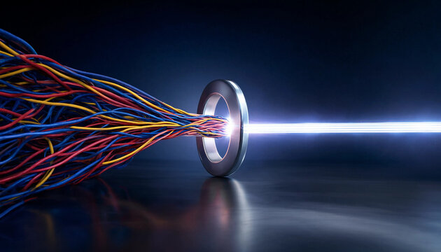 Data convergence concept with colorful cables merging into a ring emitting bright beam in dark studio