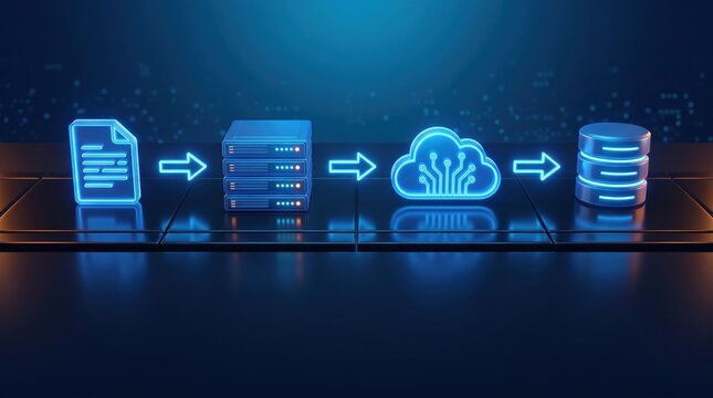 Digital data flow diagram showing document processing server storage cloud computing and database synchronization technology