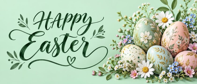 Beautiful easter greeting card with handwritten calligraphy and decorative easter eggs surrounded by spring flowers