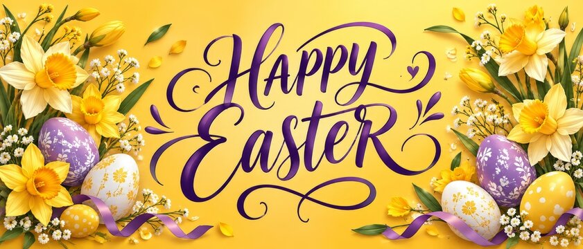 Happy easter greeting card with colorful easter eggs and spring flowers on a bright yellow background