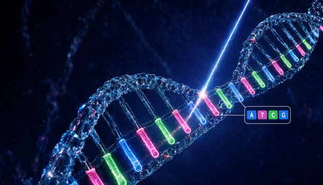 Dna double helix with glowing nucleotide bases labeled a t c g against dark background representing genetic code concept