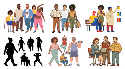 Fototapeta premium Set of vector collection featuring different styles of plus size people, including diverse men and women with different body shapes, standing, walking, sitting, working, exercising, shopping