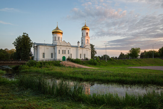 Epiphany Cathedral, Vyshny Volochyok, Tver region, Russia. Beautiful evening landscape with an Orthodox church. The Epiphany Cathedral was built in 1810-1814 on an island surrounded by canals.