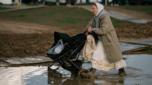 Middle Eastern woman in a hijab pushing a stroller through a muddy festival walkway with wet duckboards, for travel and regional event marketing