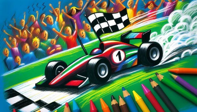 A delightful, artistic rendering of a childs crayon drawing of a race car, with a number on the side and a checkered flag, on a bright green track, Ai generated image