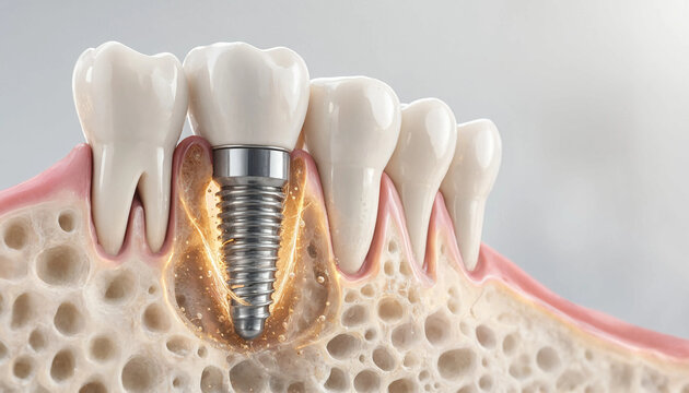 Dental implant integrated into jawbone with surrounding teeth and gum tissue showing osseointegration concept