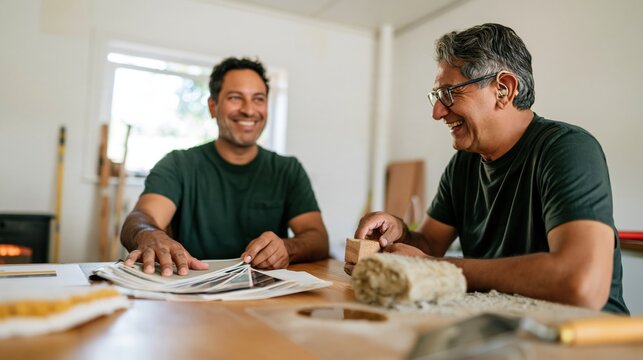 Building material swatches and samples on a warm oak worktop, two men discussing textures for architectural specification marketing