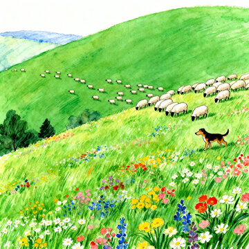 Sheep And Dog On Colorful Hillside Meadow