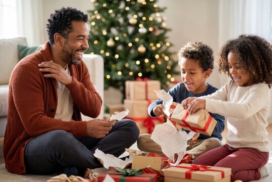Family enjoying holiday season, father watching children unwrapping presents near christmas tree
