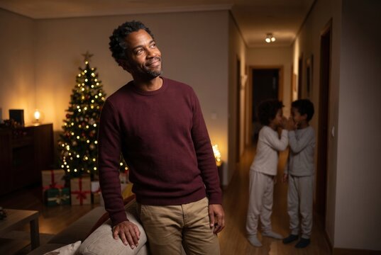 African american father smiling, enjoying christmas time at home while children whisper