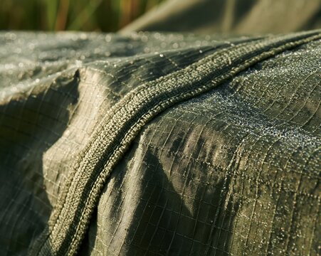 Olive green ripstop nylon fabric with a taped seam and fine dew drops, showing a technical grid weave for outdoor gear and textile backgrounds