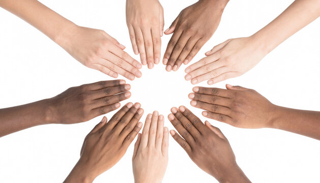 Diverse hands forming circle symbolizing unity and teamwork on white background