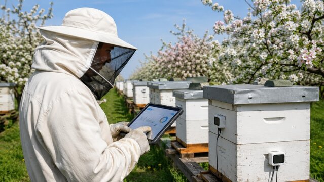 Beekeeper monitors hives with tablet among flowering apple trees in an orchard during spring season