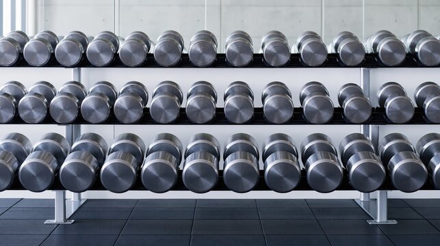 Gym dumbbell rack with worn metal weights and knurled handles for fitness equipment and gym design, featuring copy space