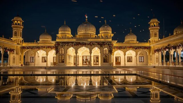 Illuminated religious shrine building at night with reflecting pool water