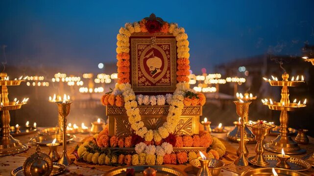 Golden Holy Book on Decorated Palanquin Surrounded by Oil Lamps at Twilight