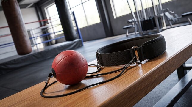 Red boxing reflex ball with elastic cord and harness on a wooden bench inside a combat gym