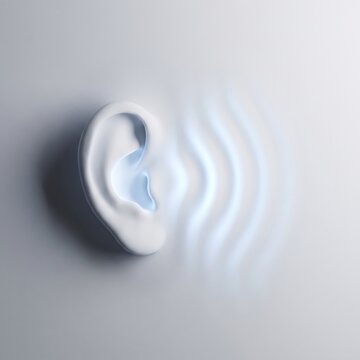 3d illustration of a human ear with glowing sound waves emanating from it, representing hearing, audio technology, and acoustic perception