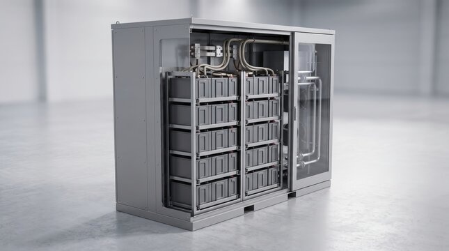 Industrial battery energy storage system cabinet with internal battery racks and cooling components in a warehouse setting