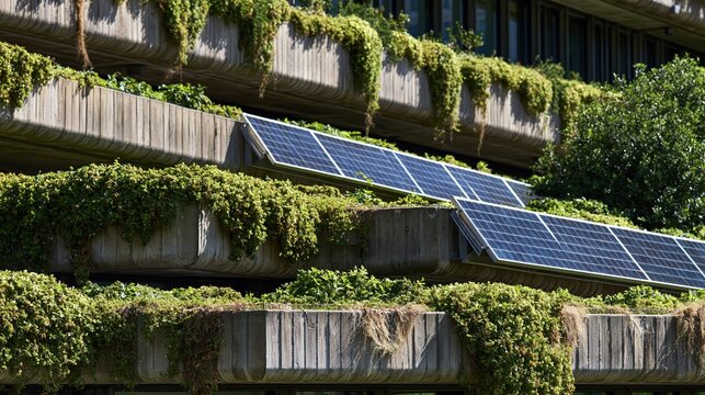 Renewable energy solar panels integrated into raw concrete parapets with trailing green shrubs for urban greening and sustainability layouts