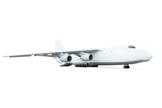 Loading white big heavy transport airplane isolated. The rear cargo compartment is open