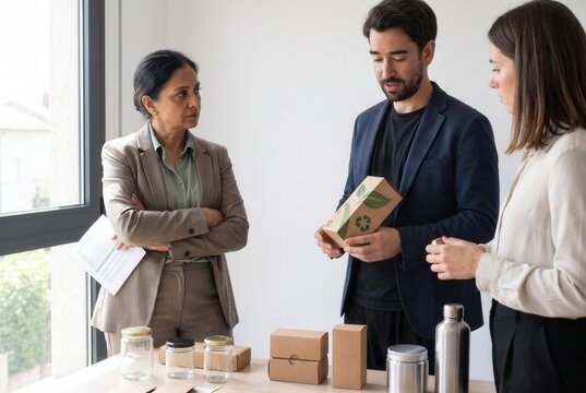 Business colleagues discussing eco-friendly packaging materials during a product development meeting