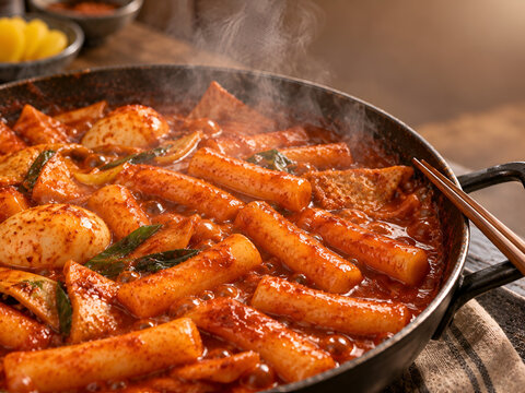 Spicy Korean Tteokbokki Rice Cakes Simmering in Red Sauce with Fish Cakes and Eggs