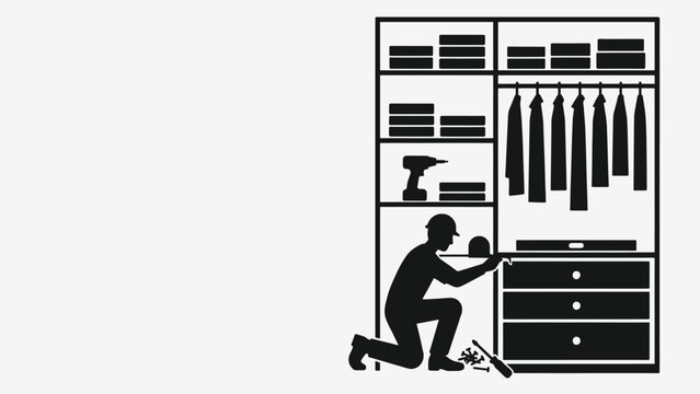 Silhouette of a worker installing a closet organizer with tools and clothes hanging in the wardrobe on white background