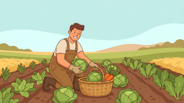 A cheerful farmer harvests fresh cabbage and carrots in a vibrant field, showcasing the abundance of organic produce and the satisfaction of a good harvest.