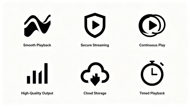 Minimalist black playback service vector icon, representing smooth broadcasting, cloud storage, and scheduled playback, suitable for promoting music platforms and audiovisual software.
