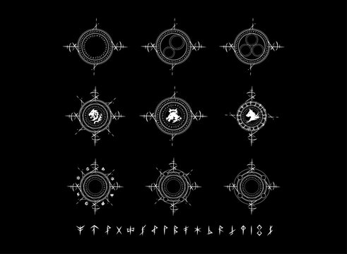 Set of mystical rune circles and arcane symbols featuring geometric magic seals, elemental icons, and circular glyph designs for fantasy RPG games, occult themes, and digital assets.