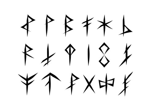 Set of stylized fantasy runes and arcane glyph symbols in bold black linework, designed for magical interfaces, RPG games, occult artwork, tattoos, and fantasy graphic assets.