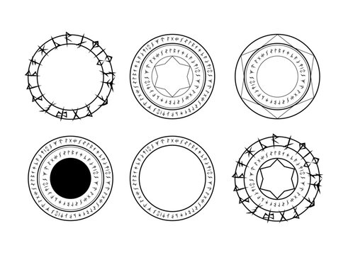 Mystical rune circle frame collection featuring circular magic symbols, geometric rings, ancient glyphs, and occult-inspired decorative designs on a white background.