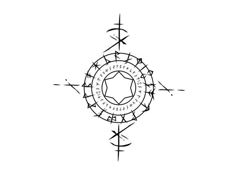 Mystical rune magic circle with geometric symbols, arcane glyphs, sacred markings, and symmetrical occult ornamentation for fantasy game, RPG, and decorative design projects.